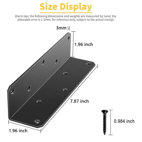 8 Inch L Shaped Heavy Duty Iron Corner Brackets 3mm Thick with 10 Screw Holes Includes Screws for Wood Shelves Cabinets and Bookcases Black Finish Ideal For Bookshelves and Furniture Supporting Heavy Loads 4 Pack Set size diagram