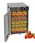 Top Tier Electric Food Dehydrator With 12 Stainless Steel Trays And 1200W Power displaying dried fruit on trays.