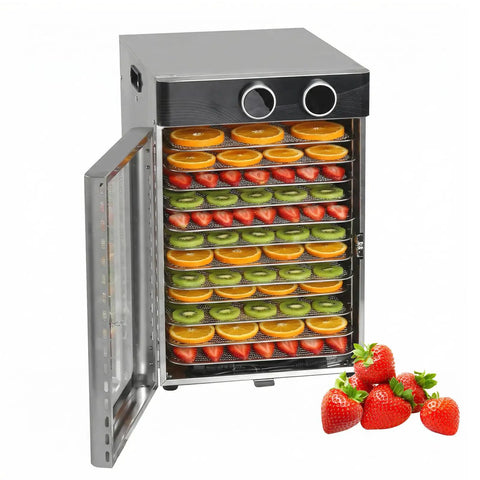 Top Shelf Electric Food Dehydrator Featuring Twelve Heavy Duty Stainless Steel Trays And A Ripping 1200 Watt Motor For Flawless 360 Heat Flow, drying sliced fruits.