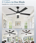 52 Inch Black Smart Ceiling Fan With Dimmable 3000K To 6000K LED Light Remote And App Control Six Speed Quiet Reversible Motor Indoor Outdoor Ceiling Fan For Bedroom Living Room with black and walnut reversible blades showcased in a modern living room.