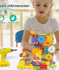 Child playing with STEM Gear Building Toys Set With 248 Pieces And Electric Drill, colorful gears and blocks visible