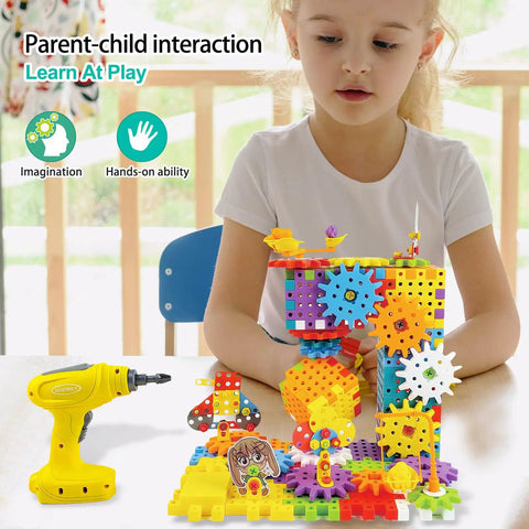 Child playing with STEM Gear Building Toys Set With 248 Pieces And Electric Drill, colorful gears and blocks visible