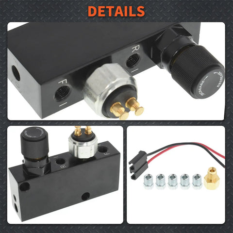 Adjustable Proportioning Valve And Distribution Block Drop In Kit With Stainless Steel 3 16 Brake Line Fittings And Light Switch Wiring Pigtail showing black block and connection fittings.