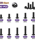Size chart of 163 Piece M4 Pan Head Machine Screws Kit Black High Hardness Carbon Steel with various lengths and quantities.