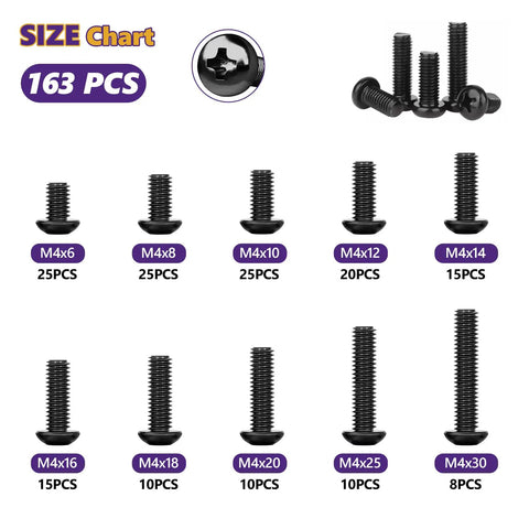 Size chart of 163 Piece M4 Pan Head Machine Screws Kit Black High Hardness Carbon Steel with various lengths and quantities.