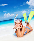 Woman on beach with Panoramic 3 Window Snorkel Mask Set for Adults Pro Grade Anti Fog Anti Leak Dry Top Diving Gear