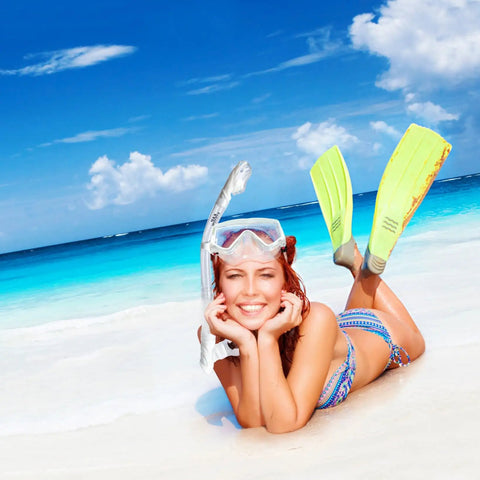 Woman on beach with Panoramic 3 Window Snorkel Mask Set for Adults Pro Grade Anti Fog Anti Leak Dry Top Diving Gear