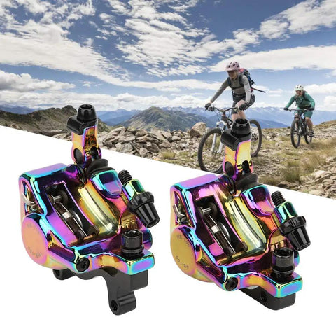 Heavy Duty Hydraulic Disc Brake Set For Mountain And Road Bikes Sturdy Aluminum Alloy Calipers on scenic mountain trail.