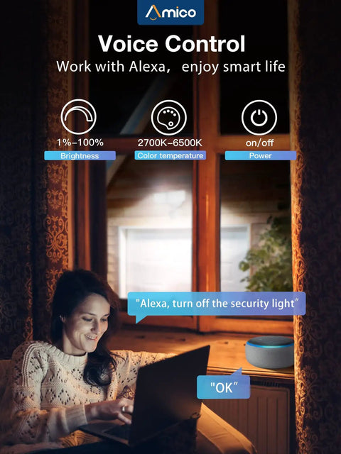 Woman using voice control with Smart Outdoor LED Motion Sensor Flood Lights With Dual 2-Head Design, showing app interface.