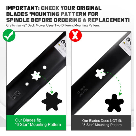 Comparison of mower blades with 6 star and 5 star mounting patterns for 42 Inch Mower Blades With 6 Star Mounting Pattern For Bronco Pony XT1 LT42 42 Inch Deck Zero Turn Lawn Tractor Mulching Type 1 942-0616A 742-0616A Replacement.