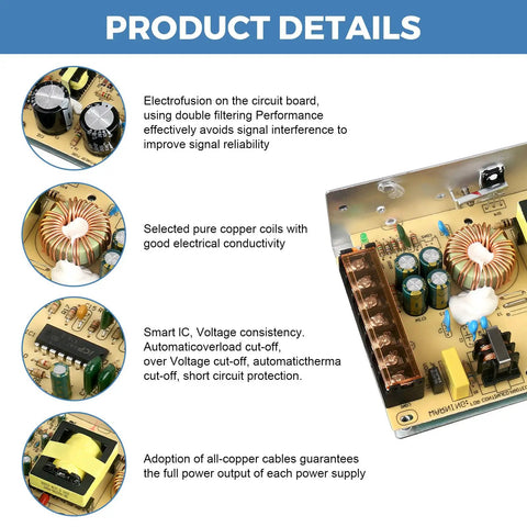12V 10A 120W Power Supply For 5050 3528 LED Strip Light Ac To Dc No Fuss Fanless Silent High Efficiency With Switchable 110V 220V Input Ideal For Home Office Signage And Under Cabinet Lighting, aluminum case and circuit board detail
