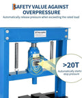 Heavy Duty 20 Ton H-Frame Hydraulic Shop Press safety valve feature, designed to release pressure with an industrial strength steel frame.