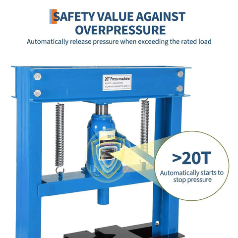 Heavy Duty 20 Ton H-Frame Hydraulic Shop Press safety valve feature, designed to release pressure with an industrial strength steel frame.