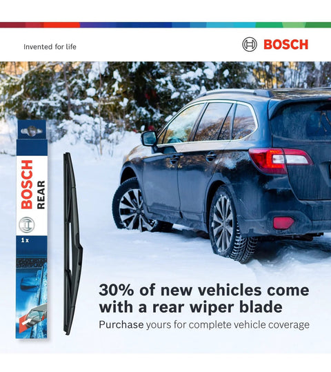 Bosch ICON beam wiper blades set of 2 (22A & 22B) beside a snowy blue SUV.