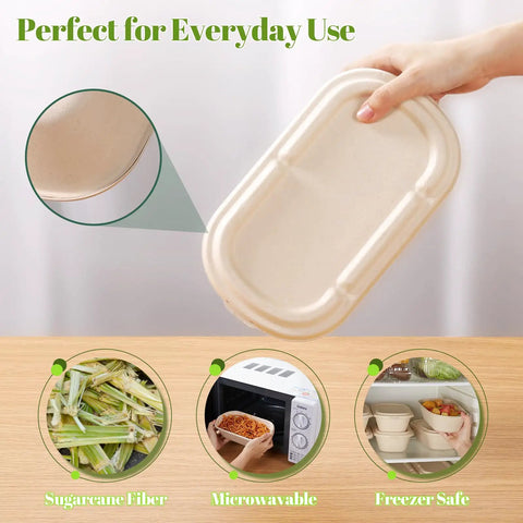 Person holding 34 oz sugarcane pulp takeout container with lid; shown microwave and freezer safe