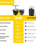 Comparison chart highlighting features of 3-In-1 Resin Ice Bucket And Beverage Cooler Table with lift-top lid versus traditional bucket