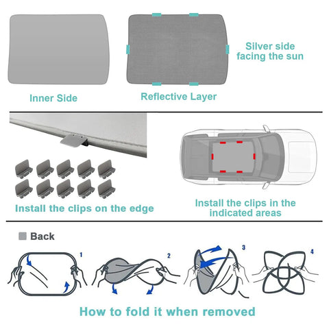 Custom Foldable Roof Sunshade For Rivian R2 Gray Heat Reflective Cover Drops Right In To Keep Your Ride Chilled Through Nasty Heatwaves While Knocking Out Harsh Sun Glare And Uv Rays With Ease showing instructions and installation clips.