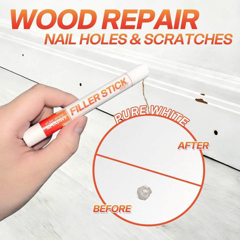 White Wood Filler Sticks 3 Pack Quick Dry Putty For Nail Holes Baseboard Dings And Cabinet Touch Ups No Sanding Needed Renter Friendly Move Out Must Haves No Sweat Diy Home Repair Smooth Finish hand holding filler stick applying to baseboard scratch