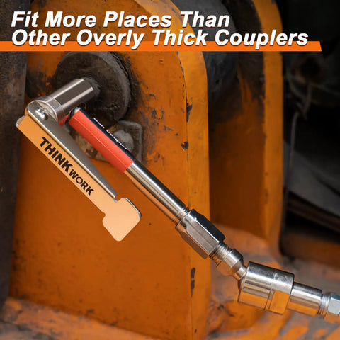 90 Degree Grease Gun Coupler With No Fuss 360 Degree Swivel And Quick Release 12000 PSI Fitting in use on machinery