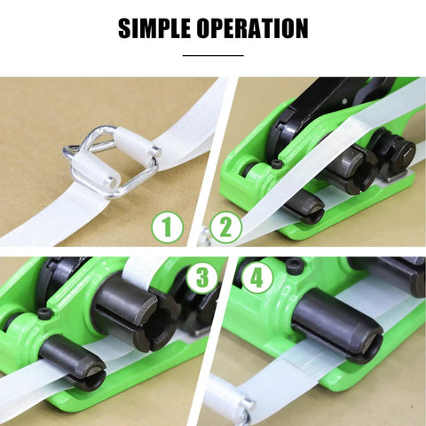 Beefy Heavy Duty Banding Tensioner And Cutter Windlass For One Half To Three Quarter Inch Polypropylene Woven Straps Handheld Packaging Tool Built Tough For Fast Pallet Shipping Polyester Compatible Cord Straps on white PP strap