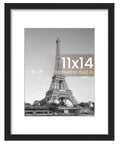 Classic Black 11x14 Picture Frame With Mat For 8x10 Photos Or 11x14 Without Mat, displayed on wall with image of Eiffel Tower inside.