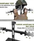 Heavy Duty Steel Tactical Gear Stand holds vest, helmet; adjustable for belts, single unit display.
