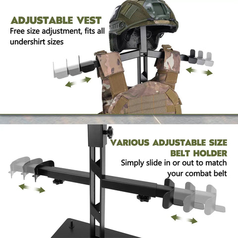 Heavy Duty Steel Tactical Gear Stand holds vest, helmet; adjustable for belts, single unit display.