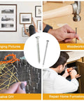 Picture Hanging Nails And Wood Screws Kit With 205 Finishing Nails And 145 Flat Head Screws In Six Sizes Each Perfect DIY Wall Decor Hangin Kit For Clocks And Mirrors in use for picture hanging, woodworking, creative DIY, and home repair.