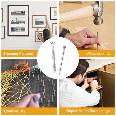 Picture Hanging Nails And Wood Screws Kit With 205 Finishing Nails And 145 Flat Head Screws In Six Sizes Each Perfect DIY Wall Decor Hangin Kit For Clocks And Mirrors in use for picture hanging, woodworking, creative DIY, and home repair.
