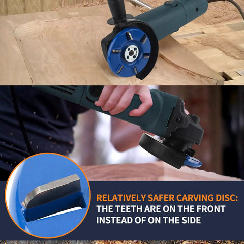 Rugged Tungsten Carbide Wood Grinding Disc for angle grinders attached to grinder, close-up of disc teeth