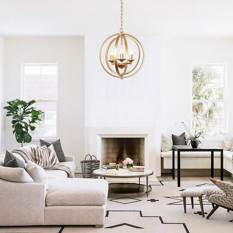 Gold Orb Three Light Chandelier With Adjustable Ring Orbits Modern Globe Hanging Lights Fixture for living room setting