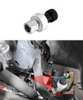 AC Pressure Sensor Switch Replacement High Pressure Sensor For Auto Air Conditioning System OEM 1551343 13587668 Refrigerant Pressure Sensor For Buick Pontiac Isuzu, aluminum and plastic, shown separately and installed in vehicle