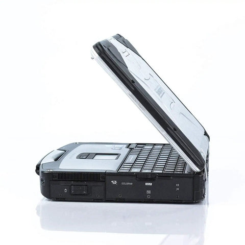 Toughbook CF31 MK3 Badass Rugged Laptop Featuring Rock Solid Heavy Duty Armor side view showing open lid and keyboard.