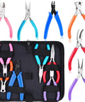 Beading And Jewelry Making Tools Kit 6 Piece Set With Needle Nose Pliers Round Nose Pliers Bent Nose Pliers Wire Cutters Crimping Pliers And End Nippers For DIY Beads Craft Projects And Pro Jewelry Making, color-handled set in zipper case