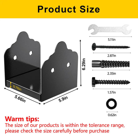 Stainless Steel 6x6 Post Base Bracket Set Adjustable Internal 5.5 by 5.5 Inch Mount for Pavilion Deck with size guide