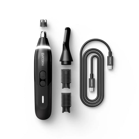 Weed Whacker 3.0 Pro Electric Nose, Ear, And Eyebrow Trimmer With SkinSafe Dual Head System, LED spotlight, and attachments shown.