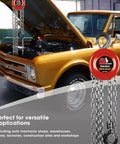 1 Ton Hand Chain Hoist With 8ft Lift, Two Heavy Duty Hooks in automotive garage near vintage truck