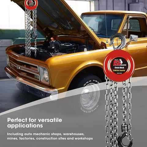 1 Ton Hand Chain Hoist With 8ft Lift, Two Heavy Duty Hooks in automotive garage near vintage truck