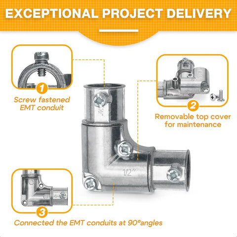 Half Inch EMT To EMT 90 Degree Inside Corner Pulling Elbows Set Screw Fittings Die Cast Zinc Conduit Elbows Kit Diagram