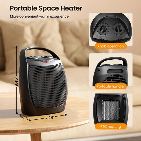 Compact Ceramic Space Heater With Adjustable Thermostat And Overheat Protection, Ultra Portable Cozy Office And Kitchen Warmer