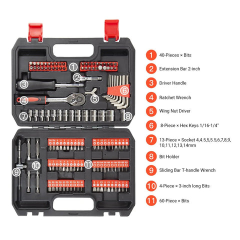 132 Piece Home And Auto Repair Tool Set With Sturdy Toolbox Case Driver Handle Socket Wrench Hex Keys And Screwdriver Bits