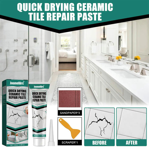 Quick drying ceramic tile repair paste kit with tube, scraper, and sandpaper; shows bathroom countertop before and after repair.