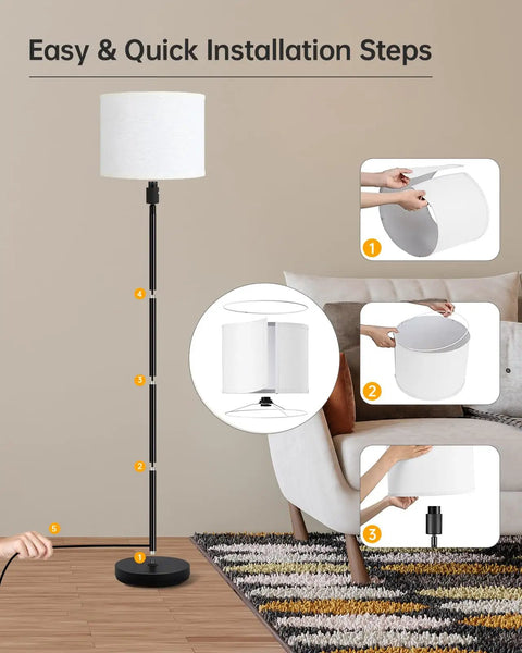 Tall Floor Lamp 58 Inch Modern Standing Light With White Linen Shade Black Metal Pedal Switch Easy Assembly steps