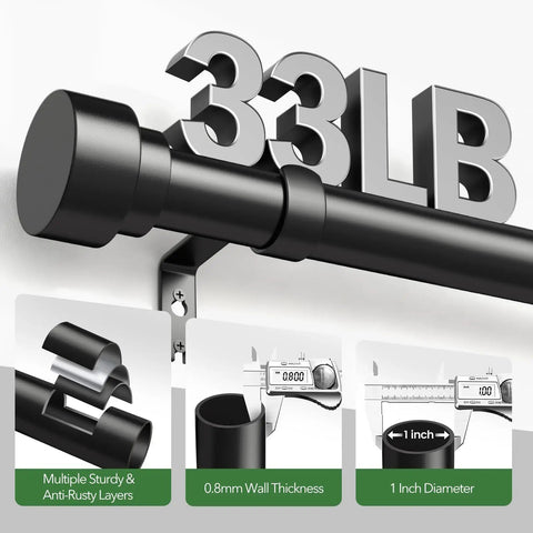 Heavy Duty Adjustable Curtain Rod 32 To 120 Inches 1 Inch Diameter Black Metal With End Caps shown with 33LB weight and setup features