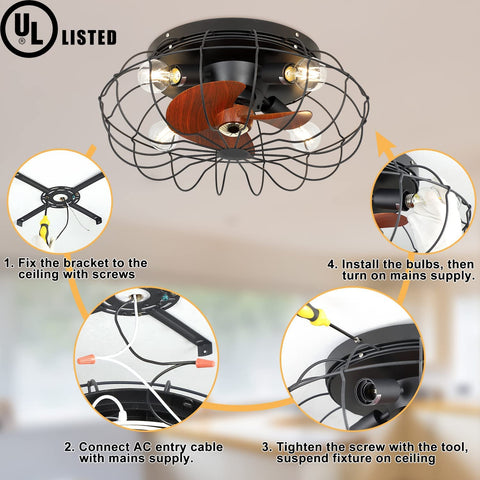 20 Inch Low Profile Ceiling Fan With Lights And Remote Control Enclosed Caged 3 Blade Design Flush Mount Installation Guide
