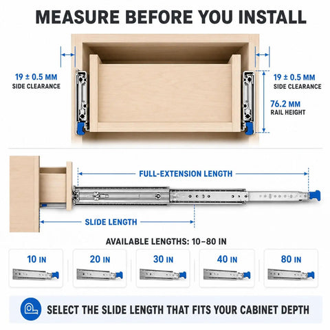 Beefy Heavy Duty Drawer Slides With Lock 500 Lb Capacity Full Extension Side Mount Ultra Smooth Quiet Operation Industrial Grade Steel Ball Bearings Durable 2.5mm Q235 Steel, 19 mm side clearance diagram