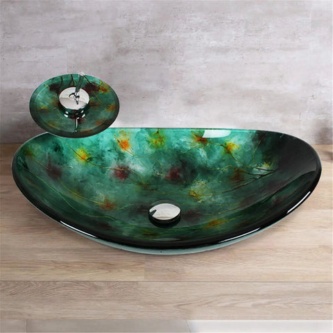 Top Drawer Green Oval Tempered Glass Vessel Sink For Stylish Bathroom Vanity Refresh Above Counter Wash Basin With Pop Up Drain and No Sweat Setup Built Rock Solid And Scratch Resistant Always.