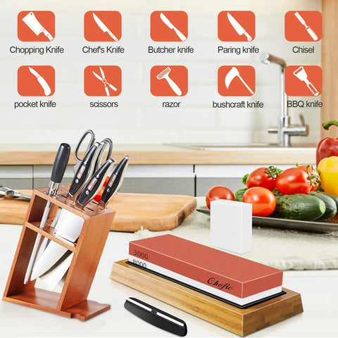 Beast Whetstone Knife Sharpener Kit With 3000 And 8000 Grit Water Stone, non-slip bamboo base, kitchen setting with knife block