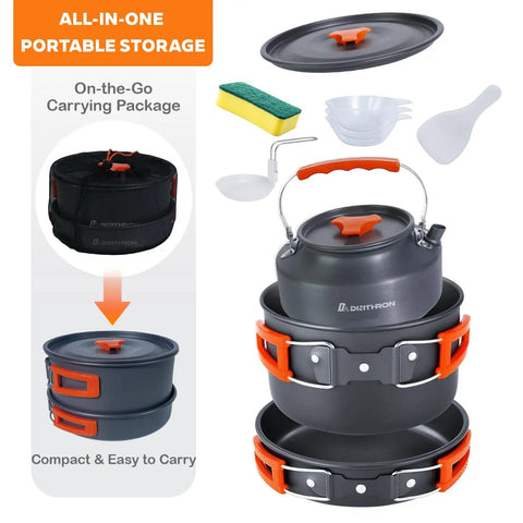 10 Piece Camping Cookware Set With 2L Pot, 0.8L Fry Pan And 1.1L Kettle Plus 3 Bowls, Spoon, Turner, Cleaning Sponge And Mesh Bag
