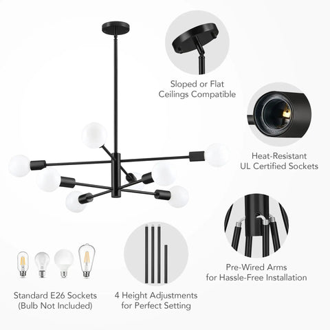 Modern Geometric Chandelier Light Fixture in Industrial Black Finish with Open Two Tier Sputnik Arms highlighted features details